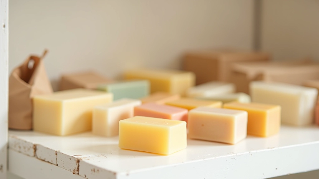 Savons artisanaux colorés avec différentes textures et parfums alignés sur une étagère en bois blanc