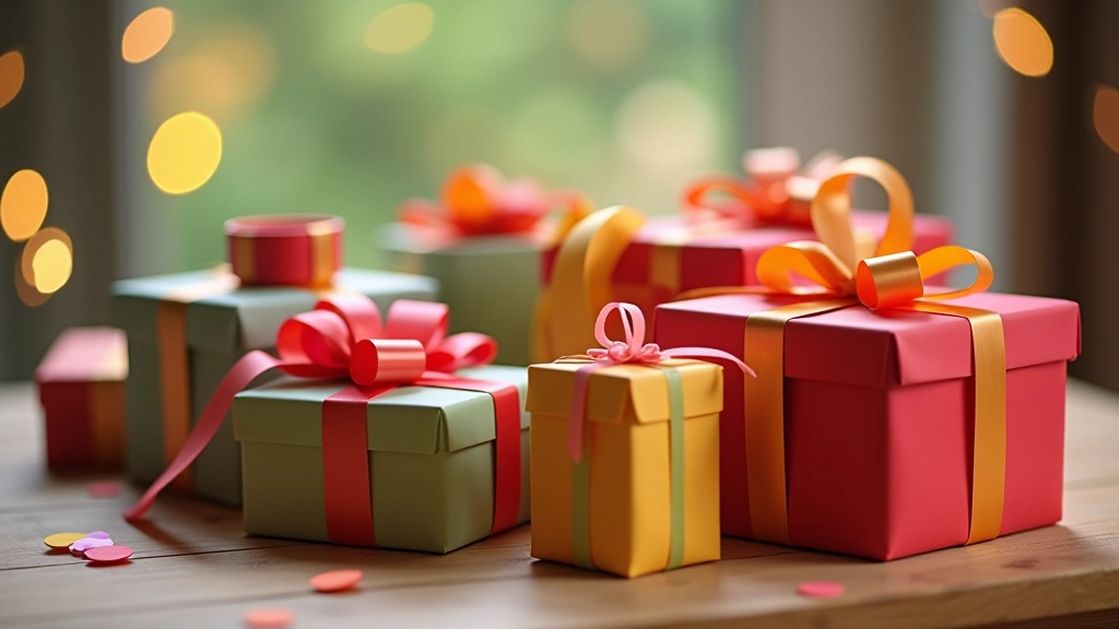 Boîtes cadeaux enveloppées colorées et présentées sur une table en bois, ambiance festive