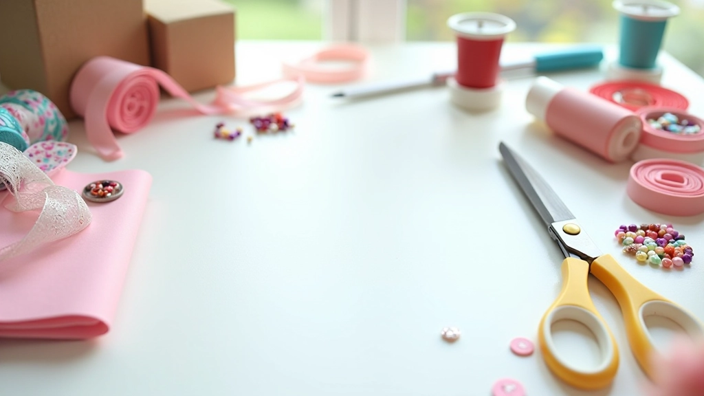 Matériel de bricolage et d'artisanat disposé sur un bureau coloré pour la création de cadeaux