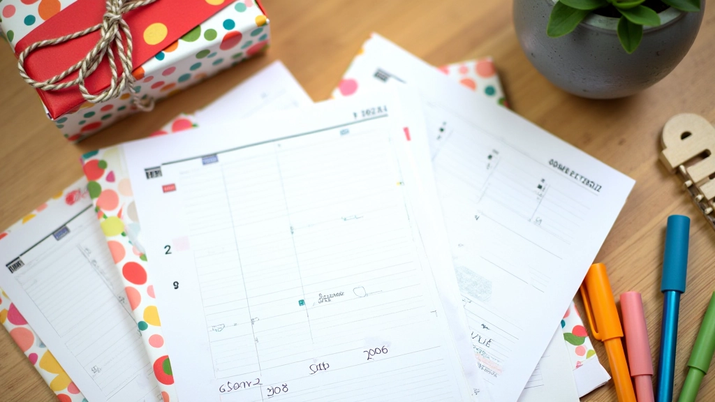 Calendrier coloré sur un mur montrant les mois avec des marqueurs pour les occasions de cadeaux