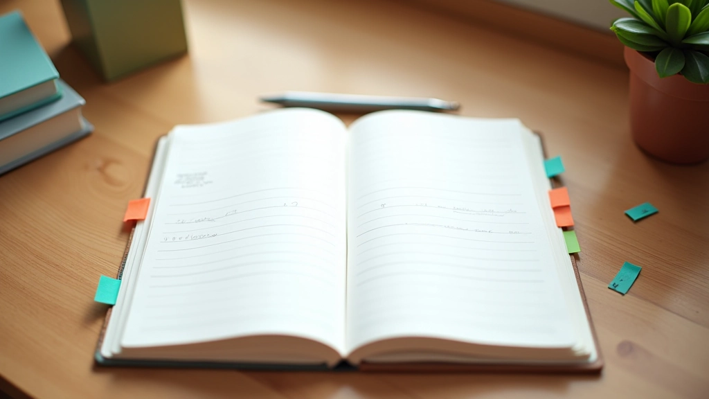 Carnet papier ouvert avec des notes manuscrites et des autocollants colorés organisés par mois