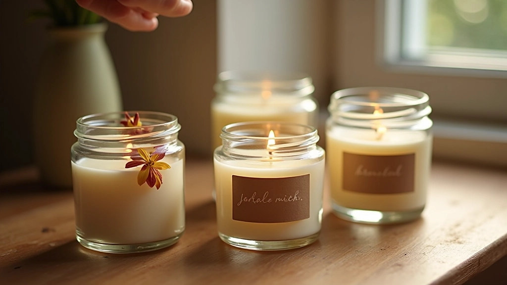 Bougies artisanales faites main dans des pots en verre avec des étiquettes personnalisées et des fleurs séchées