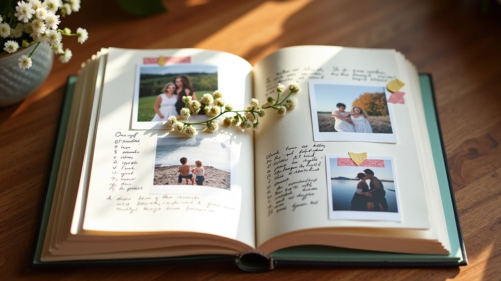 Album photo personnalisé avec photos imprimées et décoration artisanale, ouvert montrant des pages colorées