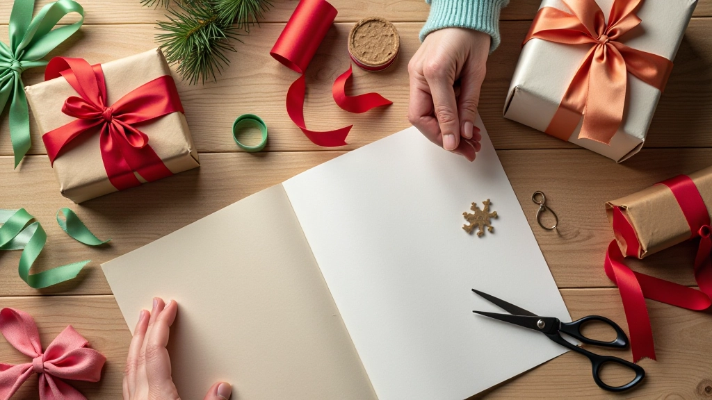 Mère et enfant en train de préparer des cadeaux faits main à la table de la cuisine avec du papier, des ciseaux et des rubans colorés