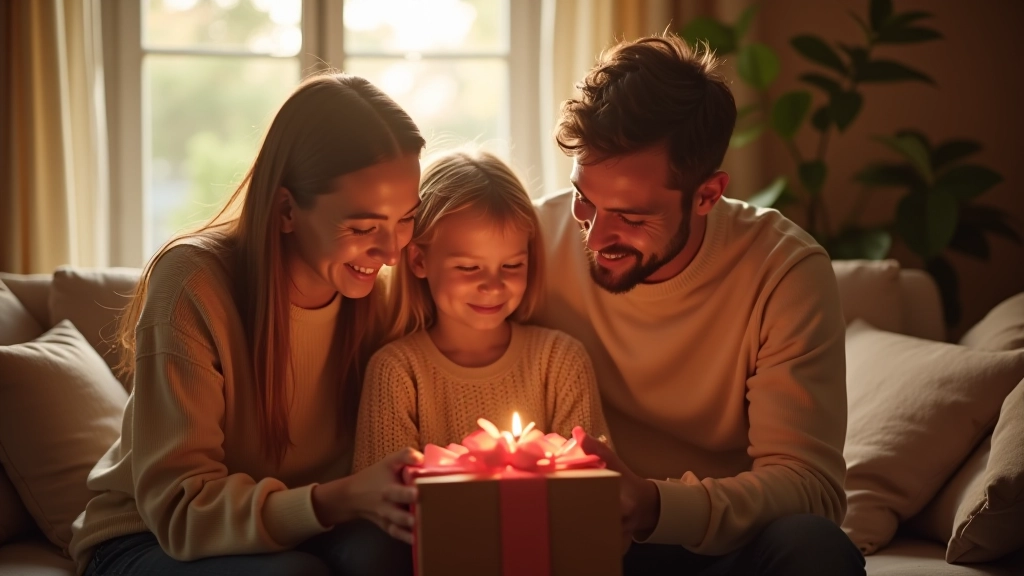 Famille heureuse en train de célébrer avec des cadeaux, sourires et moments de partage authentiques autour d'une table