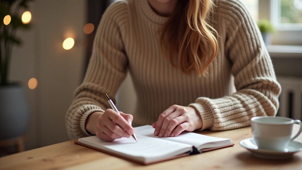 Femme planifiant son budget cadeaux avec des notes et des chiffres sur un carnet