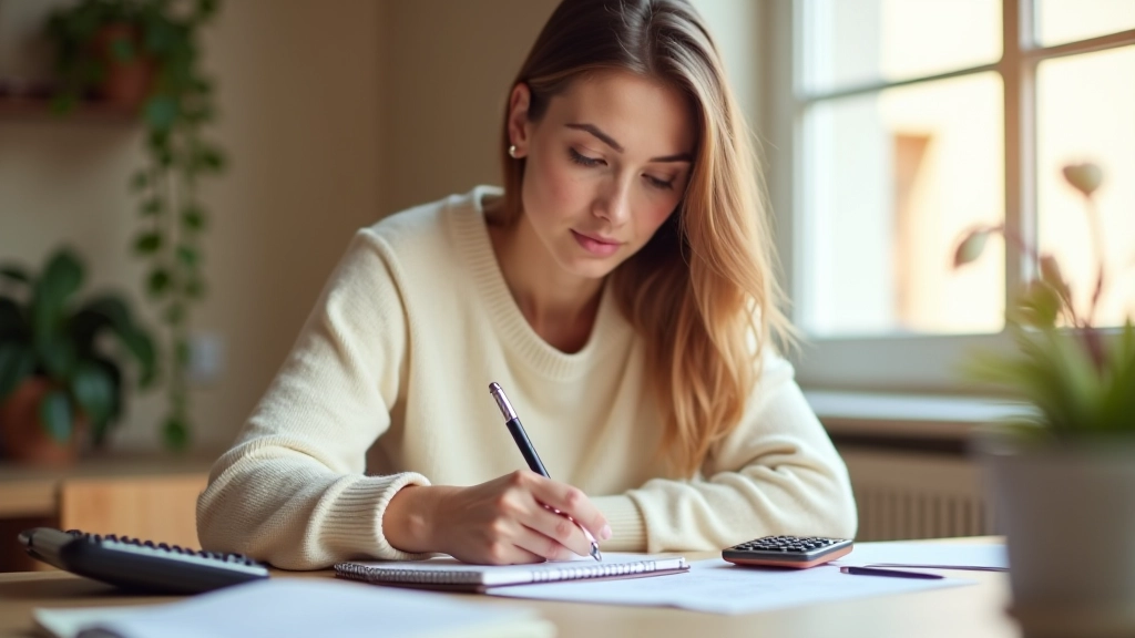Femme écrivant des chiffres et des montants dans un carnet de budget personnel