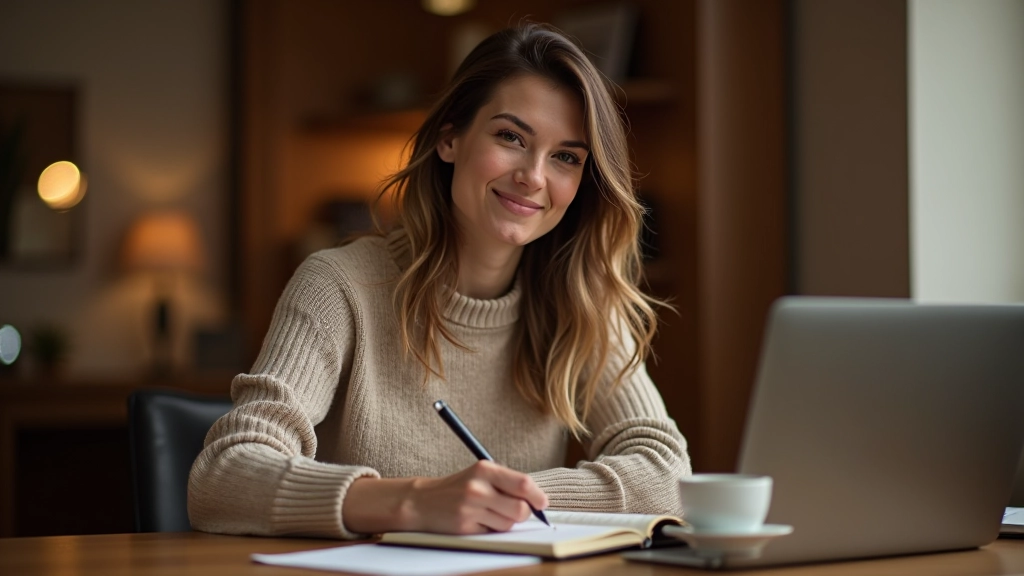 Femme en train de noter un budget sur un carnet avec un stylo à côté d'une tasse de café