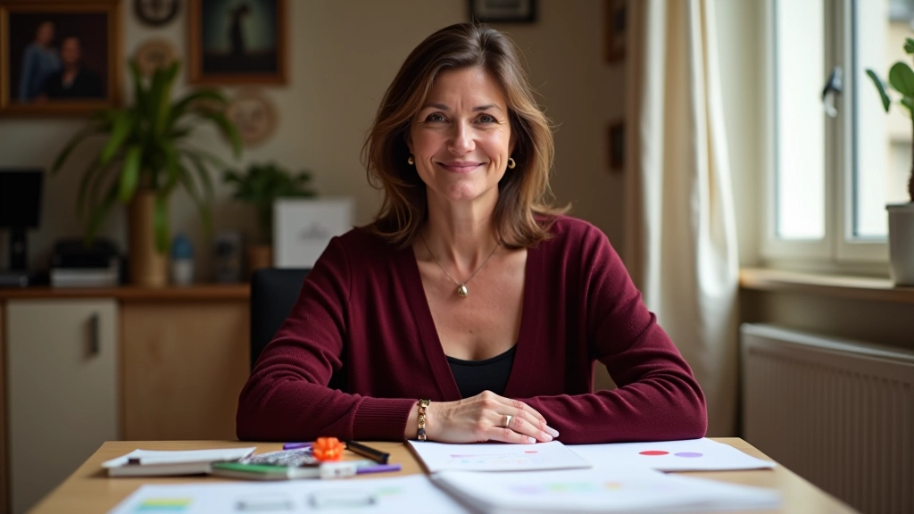 Isabelle Marchand travaillant à son bureau avec des documents de planification budgétaire et des cadeaux colorés autour d'elle